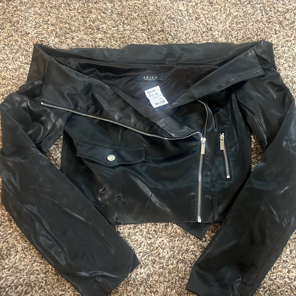 Faux leather cut off crop jacket